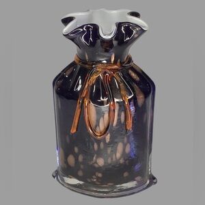 VINTAGE Cased Art Glass Hand Blown Sack Bag Vase Amethyst Aventurine Bow